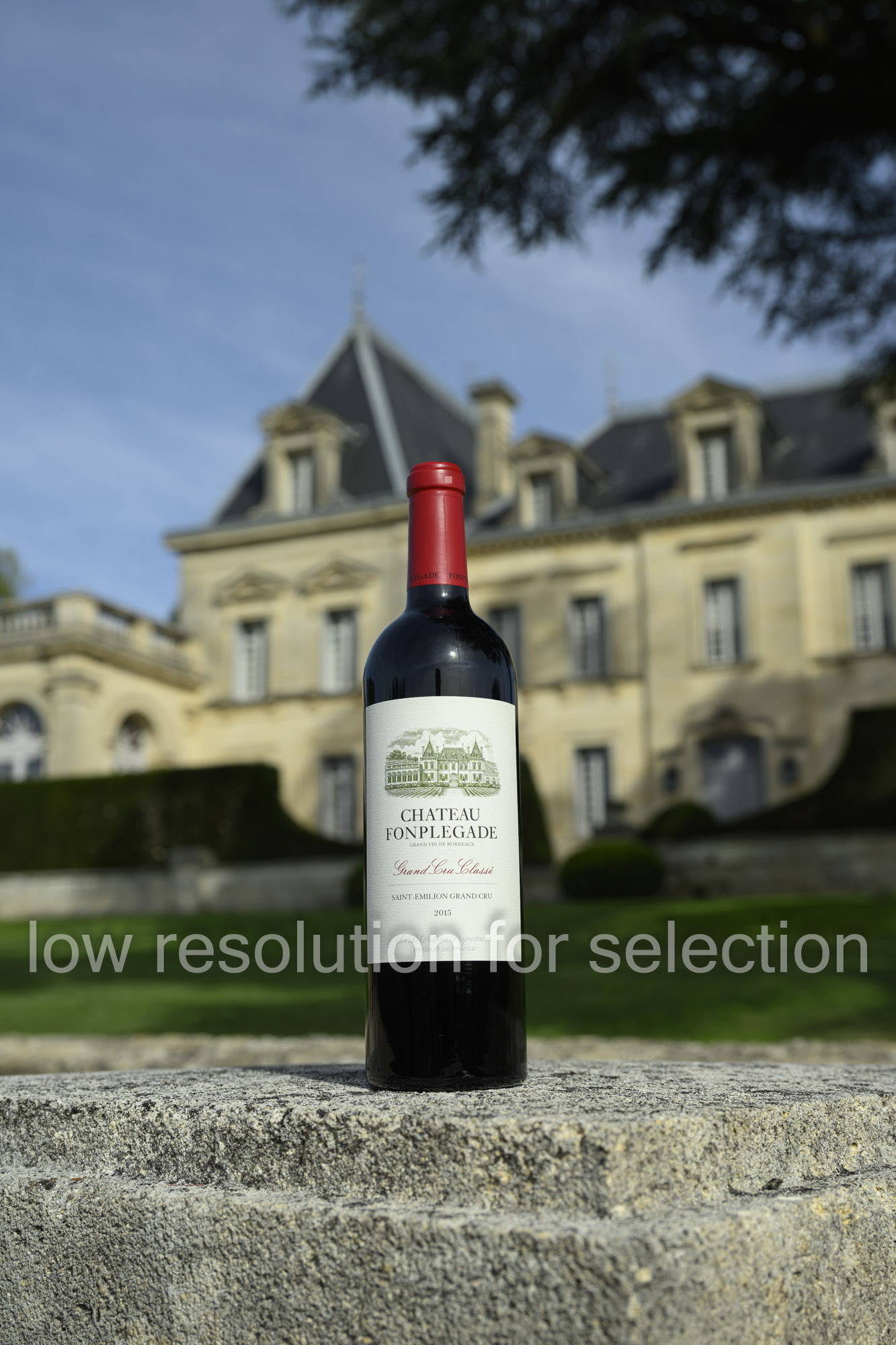 A bottle of Château Fonplegade Saint-Émilion Grand Cru wine standing on a stone ledge in front of a French chateau.