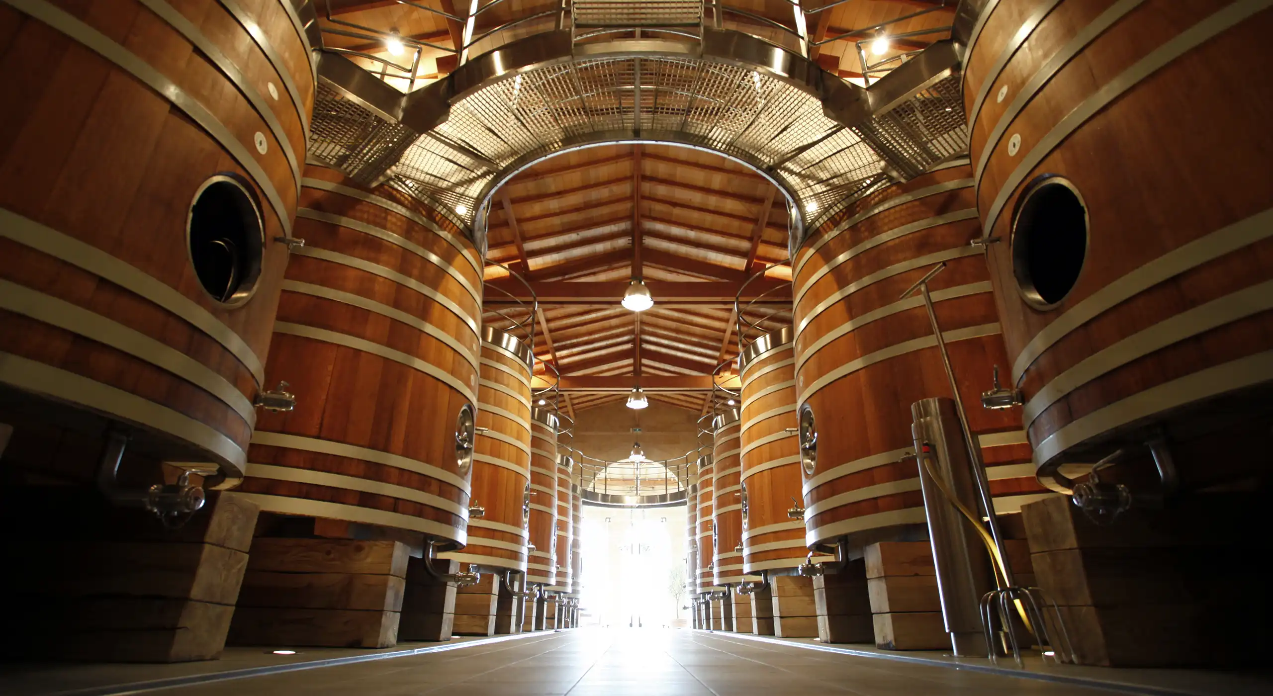 Large wooden fermentation tanks line both sides of a well-lit winery or brewery room with a high wooden ceiling and a bright entryway at the far end.