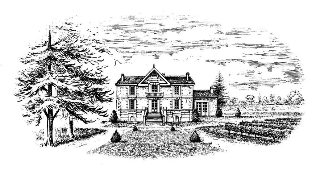 A black and white ink drawing of a two-story house with a balcony and a central staircase, surrounded by trees and a garden.