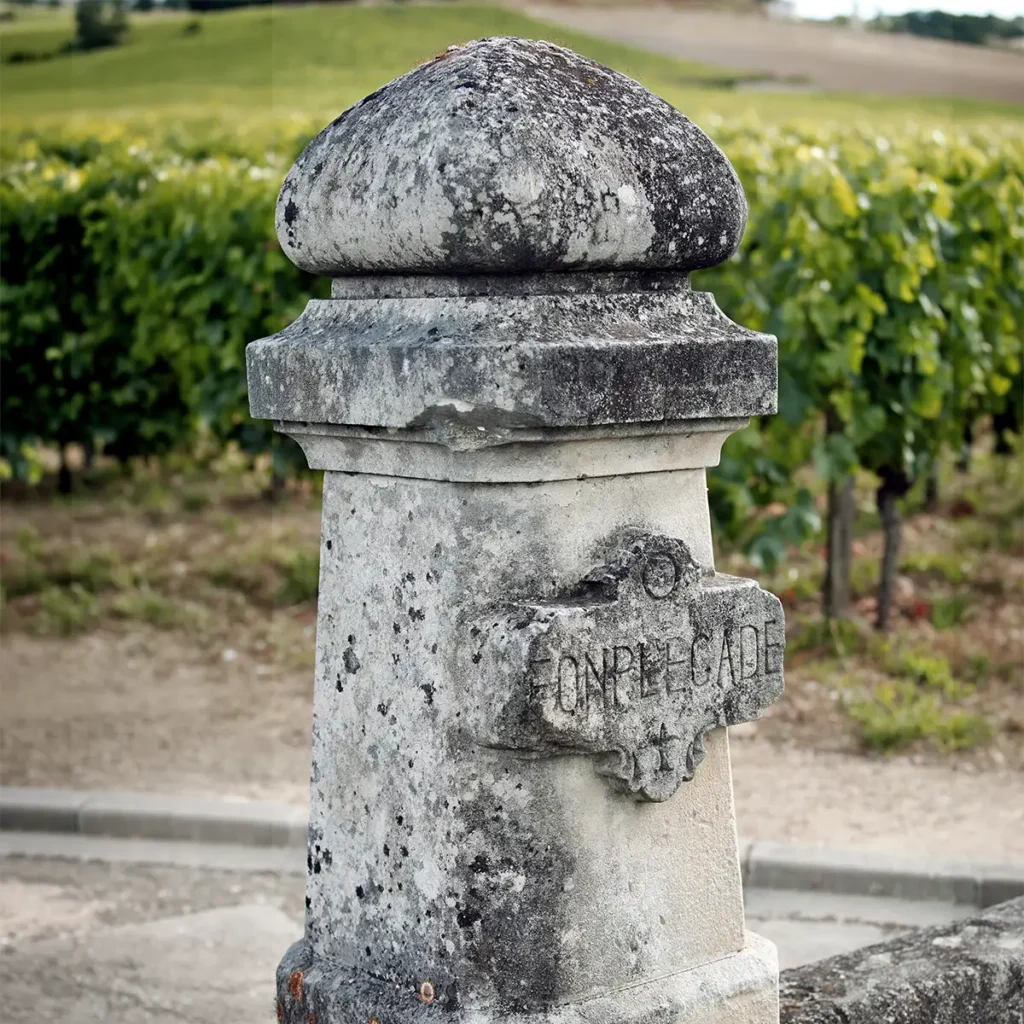An old stone boundary marker with the inscription “CONPÉCADE” in front of a vineyard.